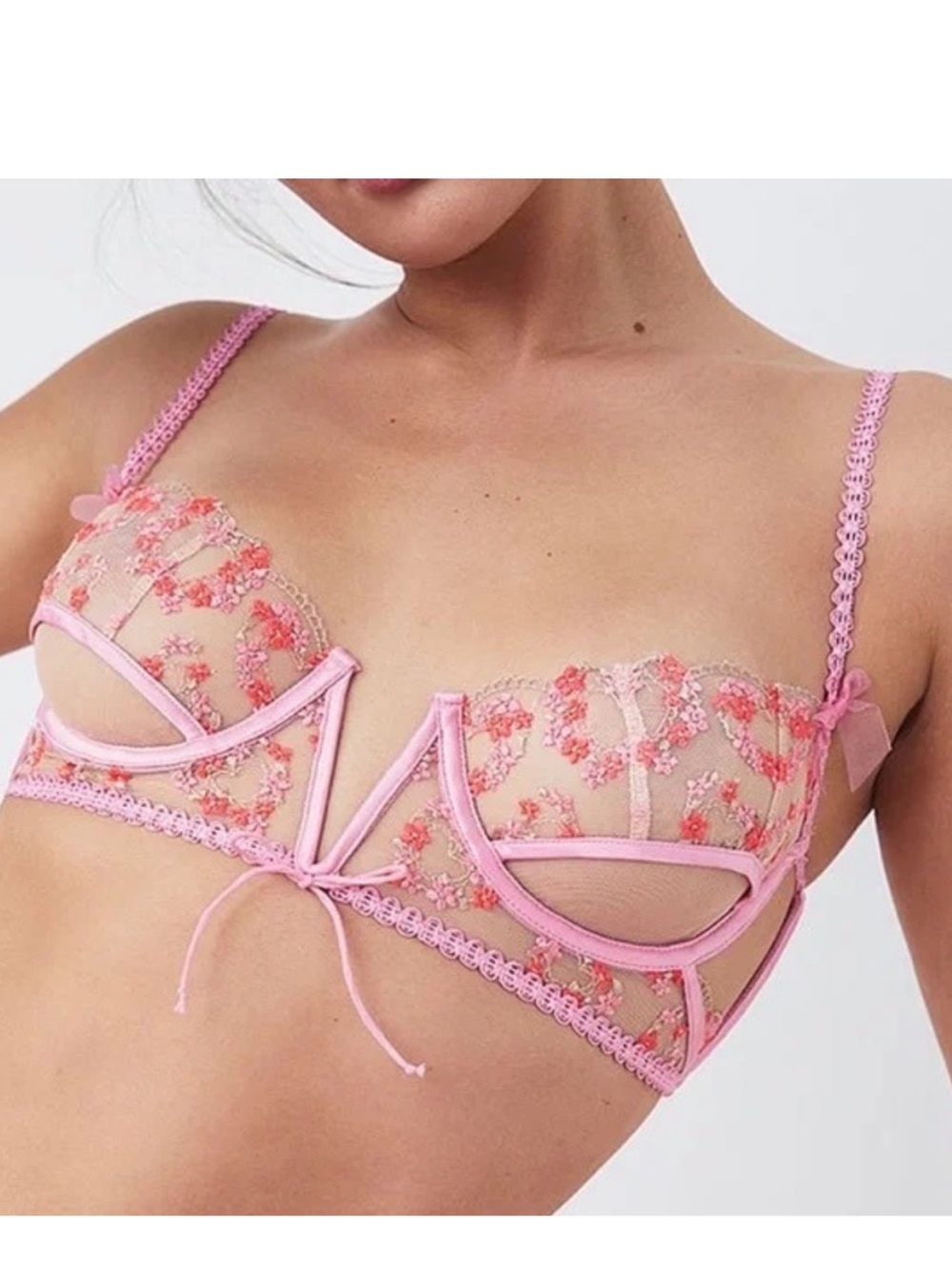 FOR LOVE & LEMONS Floral Pink Lace Love Boutique Sheer Bra Size XXS NWT